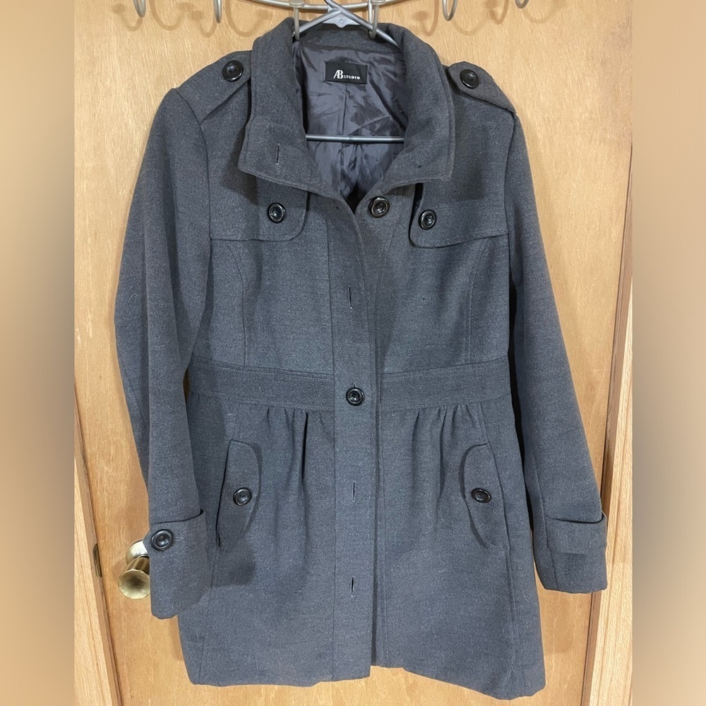 AB STUDIO-Lined Mock Army Coat Pockets ,Slimming pea coat